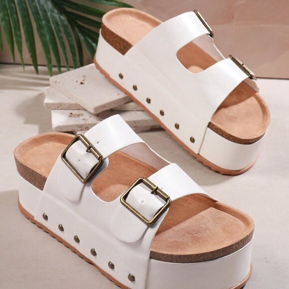 White Fashionable Women's Fashion Solid Color Wedge Heel Thick Bottom Sandals - Picture 4 of 5